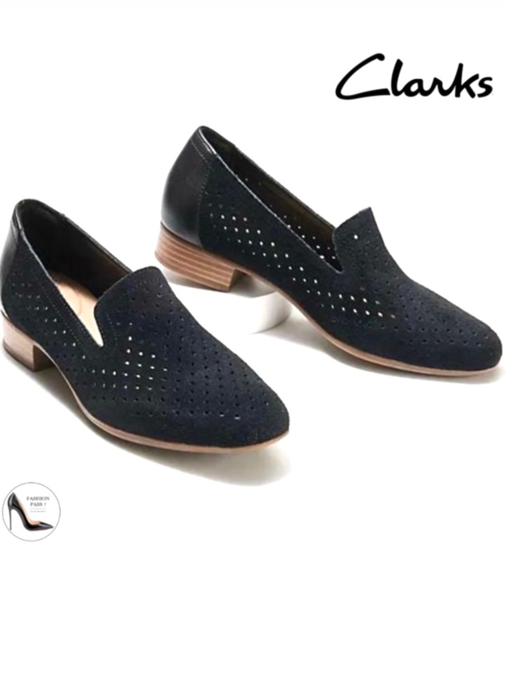 Clarks Juliet Hayes Perforated Black Suede Loafers block heel flat shoes 7 N